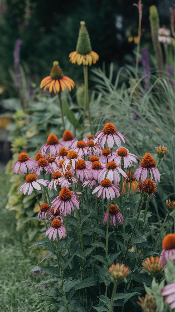 A vibrant display of coneflowers with pink petals and orange centers in a garden