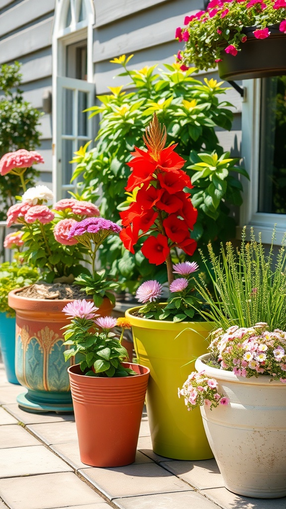 Colorful container garden with various flowers in different pots