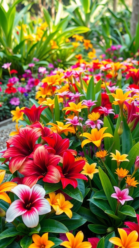 Vibrant flower beds featuring exotic blooms in a tropical garden