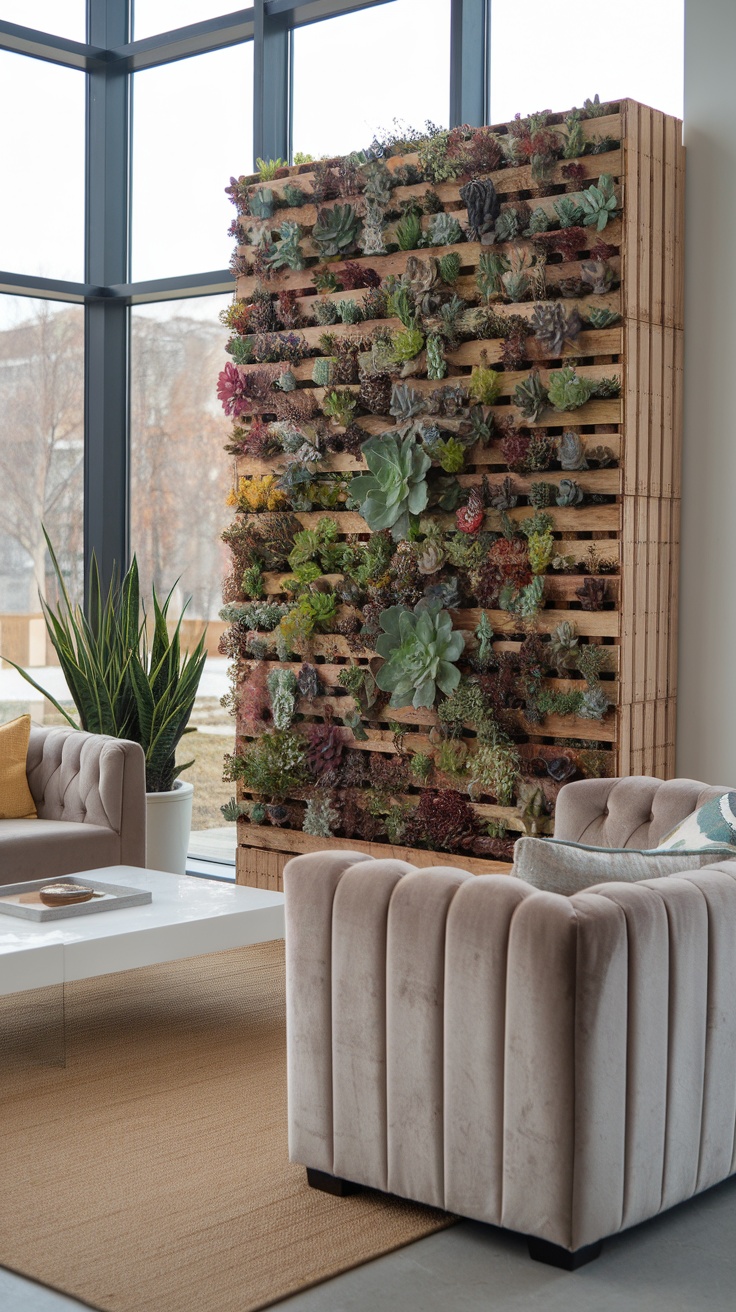 A vertical garden wall with various succulents in a modern living room setting.