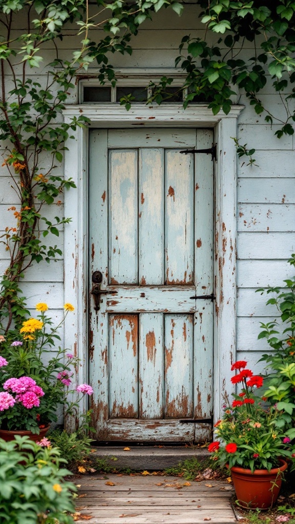 A vintage farmhouse gate surrounded by colorful flowers and greenery.