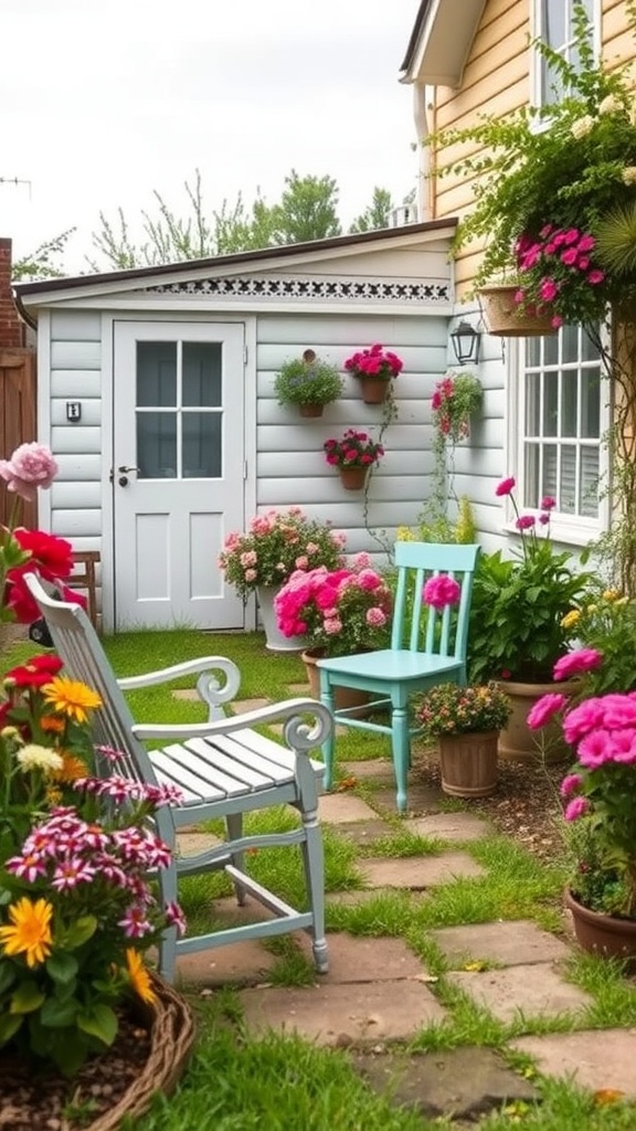 Colorful vintage garden furniture surrounded by vibrant flowers in a cottage garden.