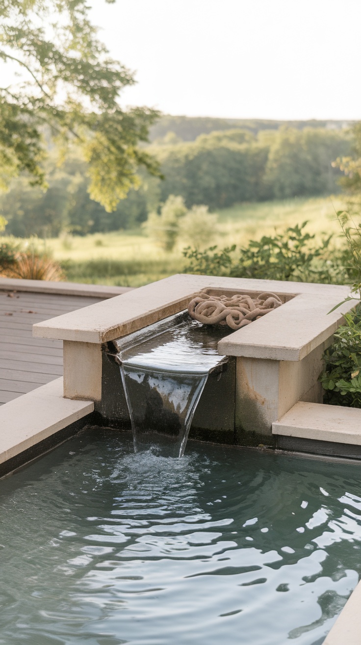 A serene water feature on a garden deck with flowing water and lush greenery.