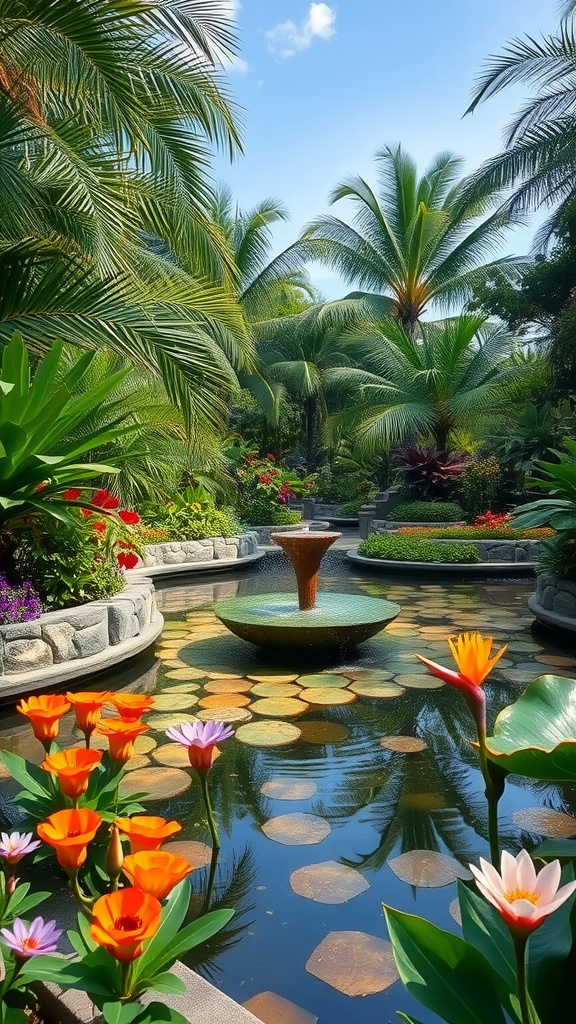 A serene tropical garden with a central fountain surrounded by vibrant flowers and lush greenery.