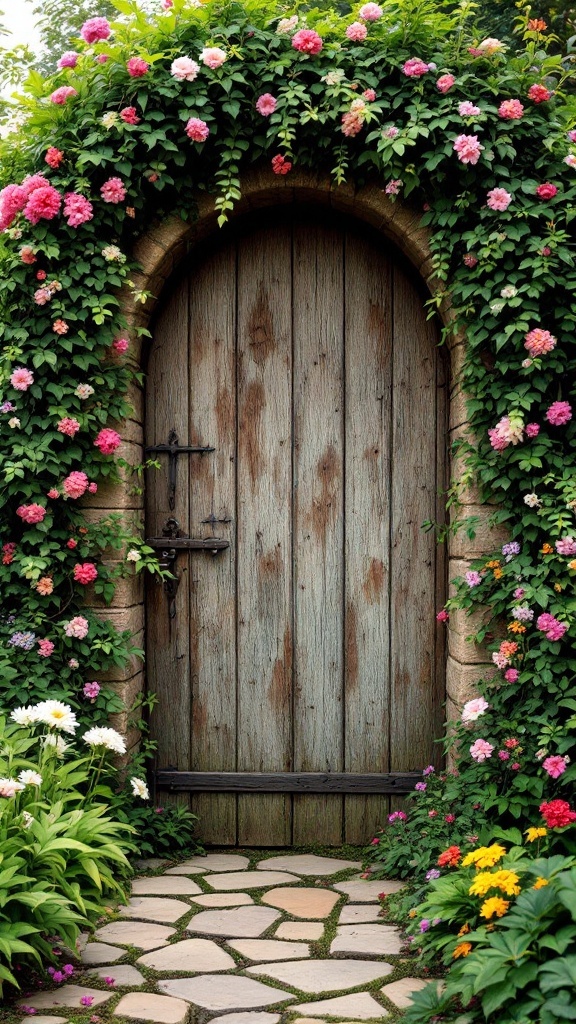 Whimsical arched garden gate surrounded by colorful flowers and greenery