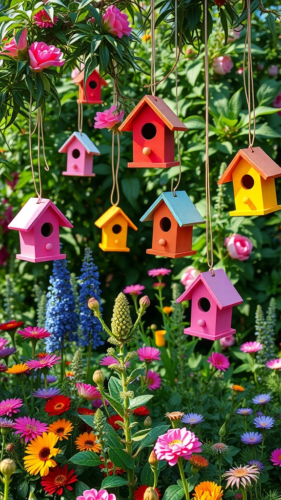 Colorful birdhouses hanging among flowers in a garden.