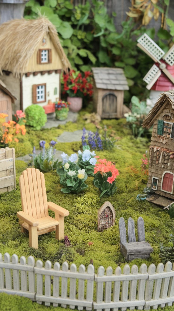 An illustration of a whimsical fairy garden with colorful flowers and small houses.