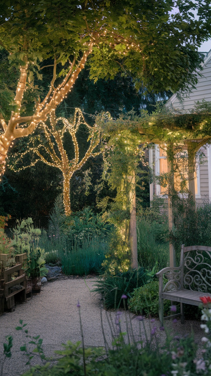 A romantic backyard garden adorned with fairy lights in trees and a pergola.