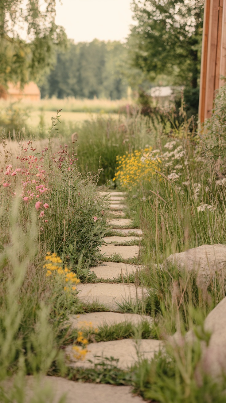 A garden pathway made of stepping stones lined with wildflowers and greenery.