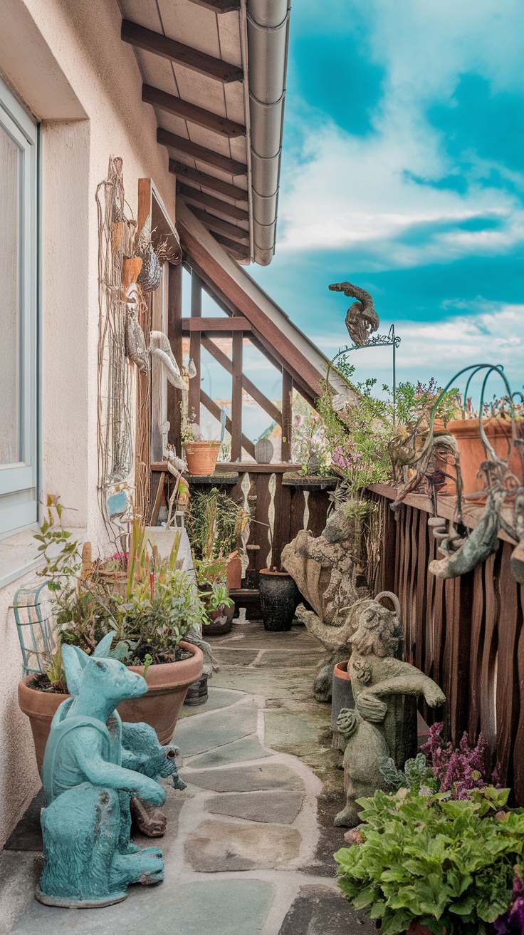 A charming balcony garden featuring various whimsical garden statues and plants.