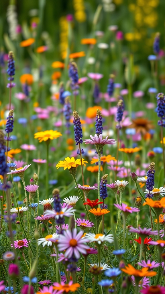 Colorful wildflower meadow with various flowers in bloom.