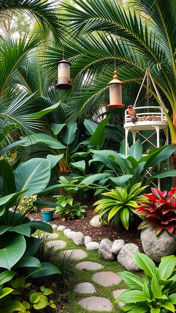 A tropical garden with lush green plants, bird feeders, and a peaceful pathway.