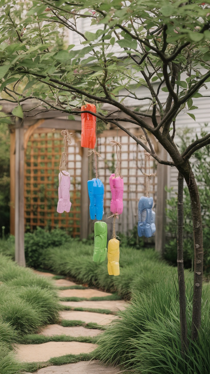 Colorful wind chimes made from plastic bottles hanging from a tree.