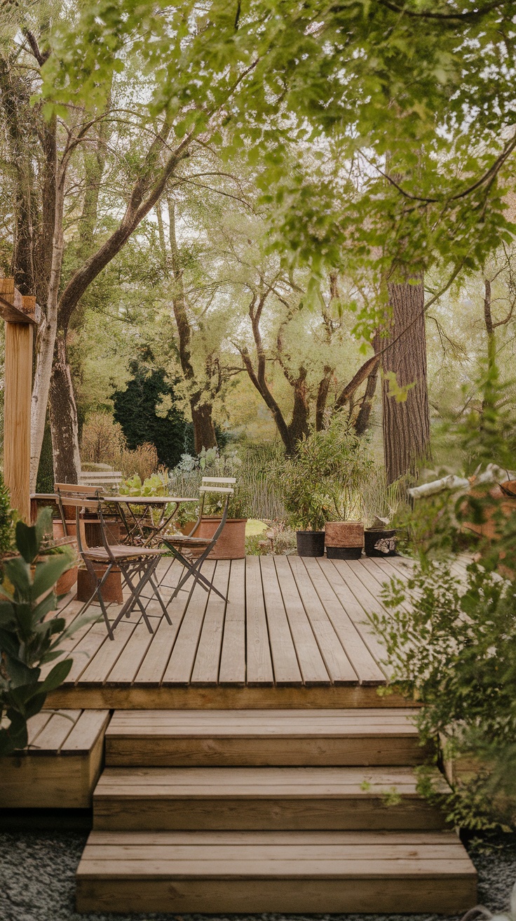 A wooden deck area surrounded by trees and plants, featuring a small table and chairs.