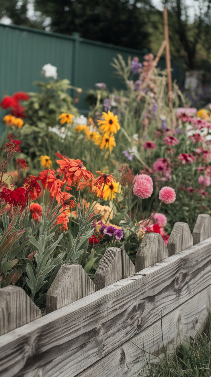 A garden with colorful flowers bordered by wooden plank edging.