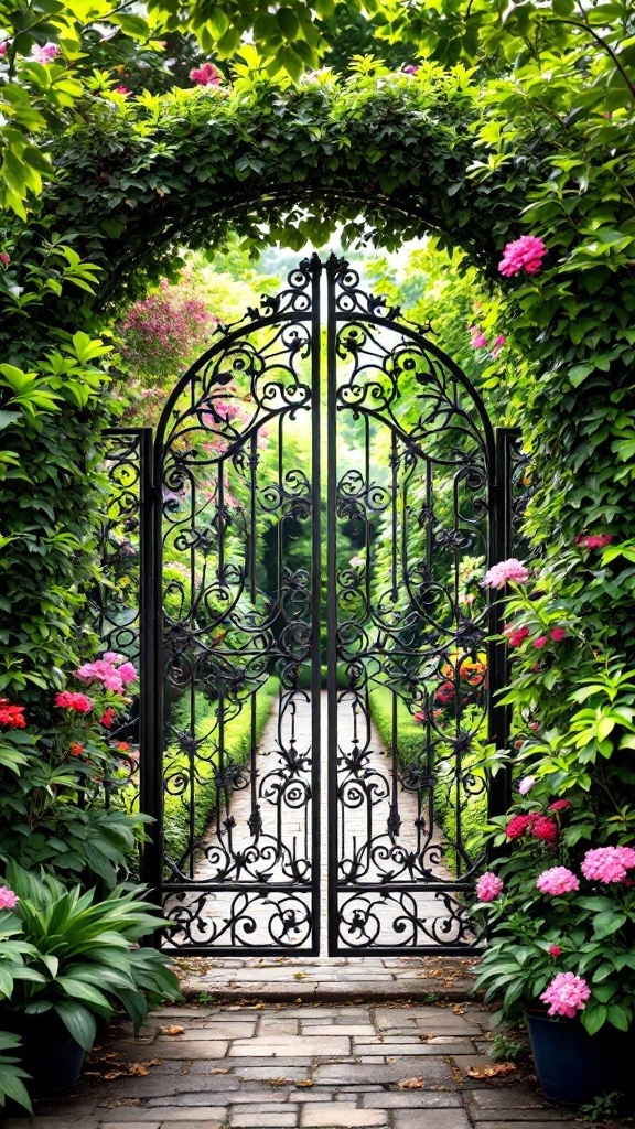 A beautifully designed wrought iron garden gate surrounded by vibrant flowers and lush greenery.