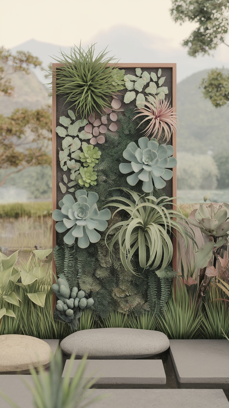 A serene vertical garden with various plants, including succulents and ferns, set against a tranquil backdrop.