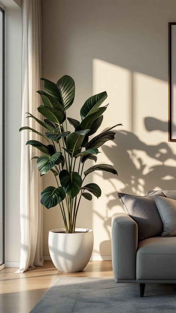 A ZZ plant in a modern living room, showcasing its glossy leaves next to a cozy sofa.