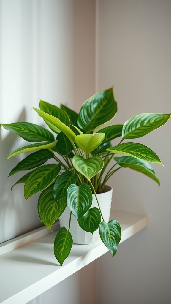 A ZZ plant with lush green leaves displayed on a white shelf.