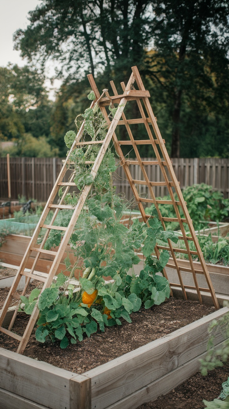 A wooden A-frame garden trellis supporting climbing plants in a raised bed garden.