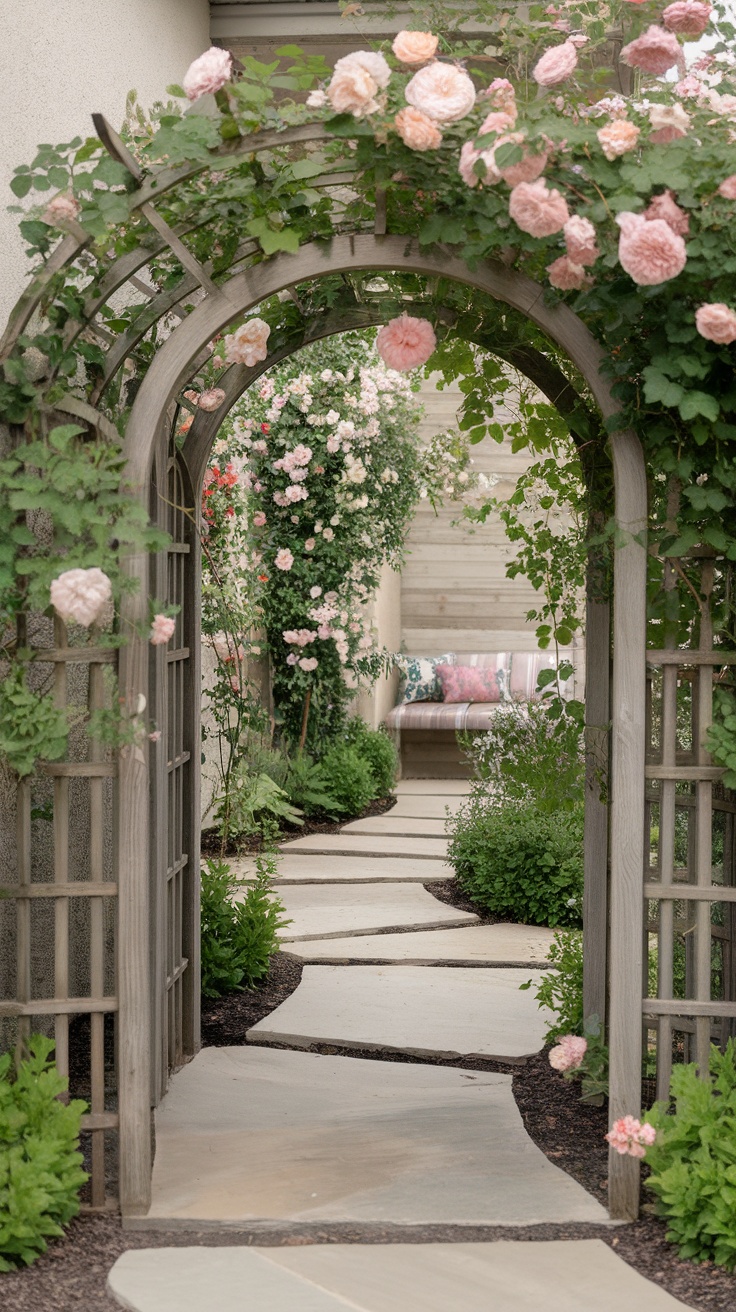 Arched trellis walkway adorned with blooming roses and a stone path