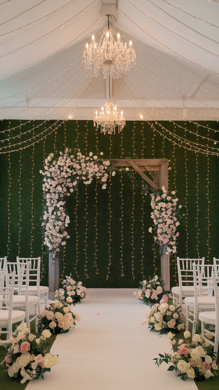 A wedding venue featuring an artificial grass wall adorned with flowers and fairy lights