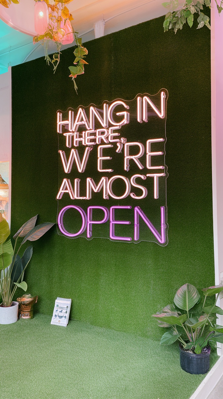 Artificial grass wall with a neon sign saying 'HANG IN THERE, WE'RE ALMOST OPEN' surrounded by potted plants.