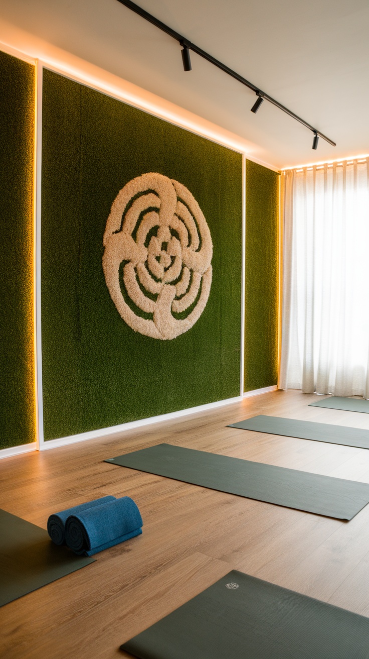 A yoga studio with an artificial grass wall and yoga mats