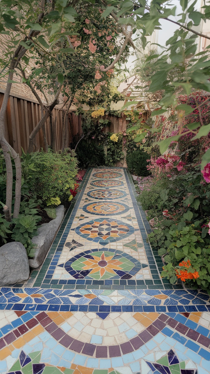 A colorful mosaic tile pathway surrounded by lush greenery and flowers in a side yard.