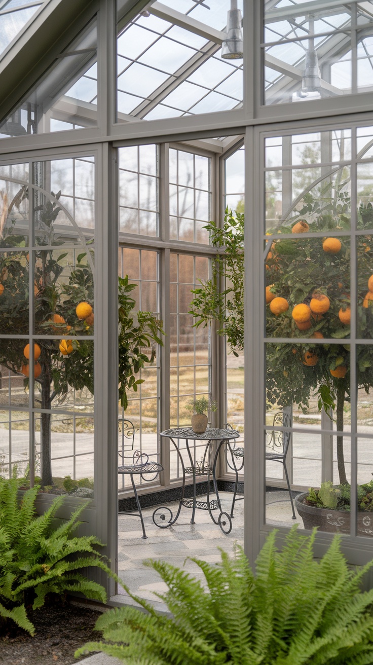 Interior view of a greenhouse with orange trees and a small table.