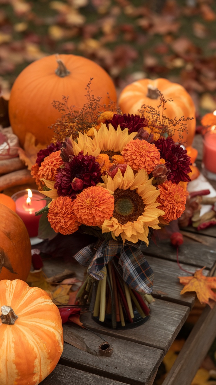 A vibrant autumn bouquet featuring sunflowers, marigolds, and deep red flowers, surrounded by pumpkins and autumn leaves.