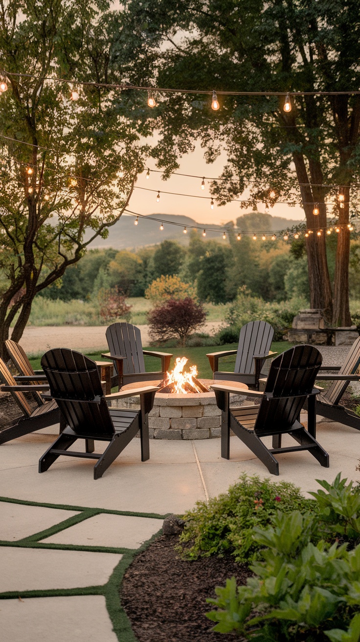 A cozy backyard fire pit setup with Adirondack chairs and string lights.