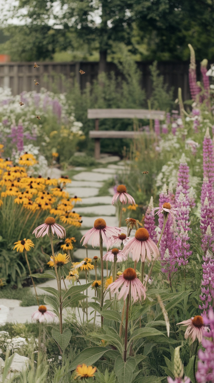 A vibrant backyard wildflower garden with a stone path and a bench surrounded by colorful flowers.