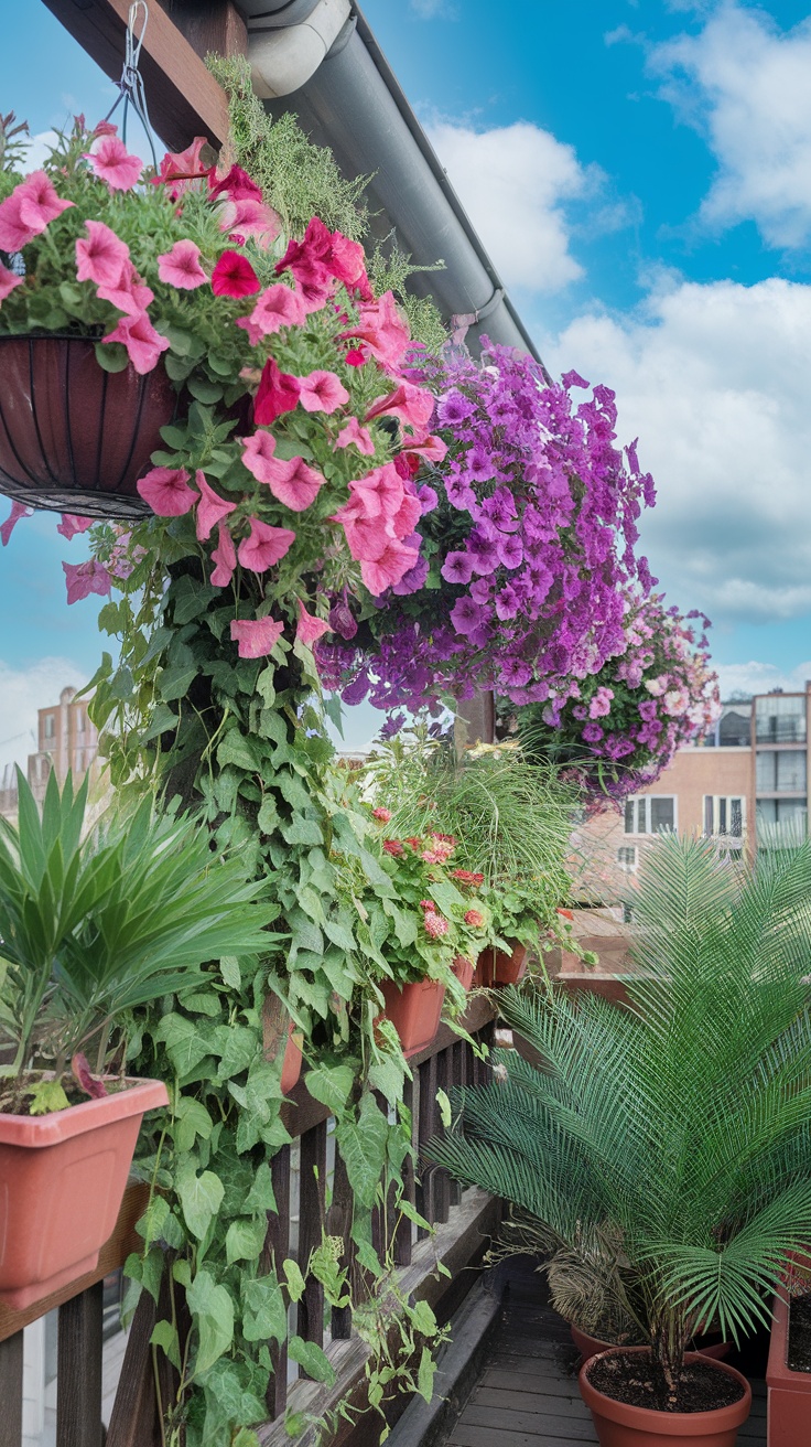 A balcony filled with colorful hanging plants, featuring pink and purple flowers along with green foliage.