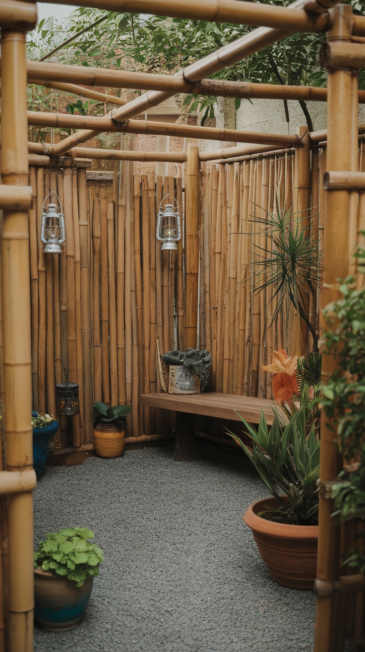 Cozy small garden with bamboo fencing and plants