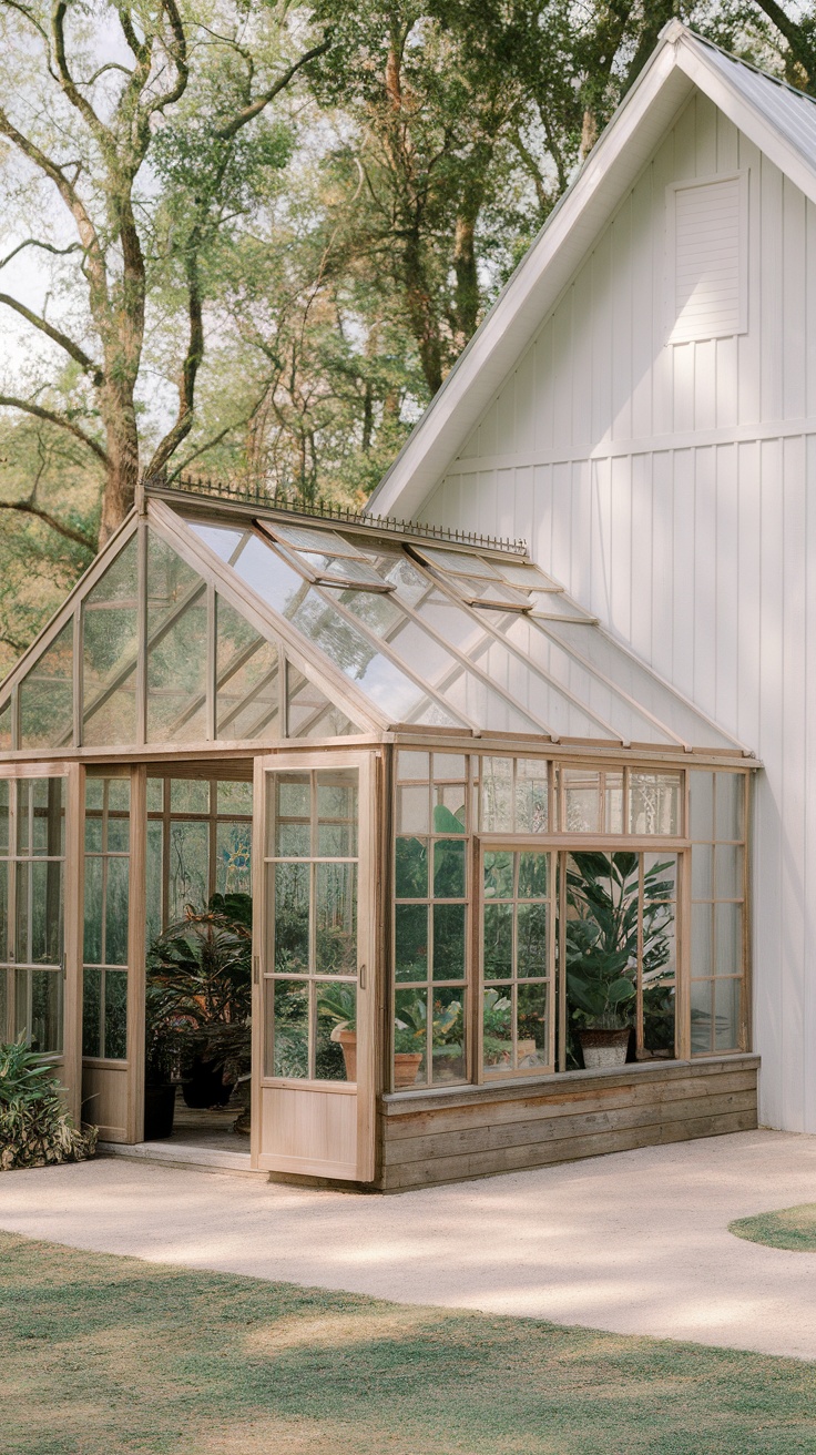 A greenhouse attached to a barndominium, featuring glass panels and wooden frames, surrounded by greenery.