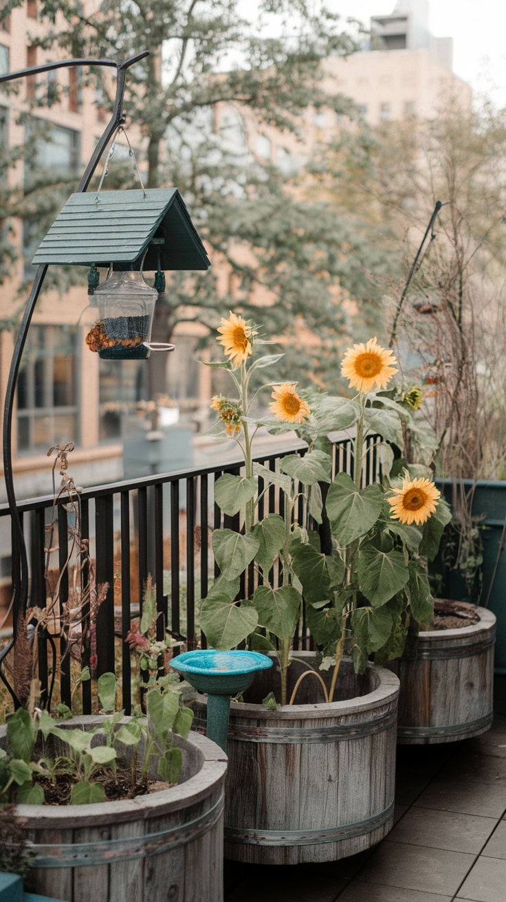 A balcony garden showcasing sunflowers, a bird feeder, and a birdbath, designed to attract birds.