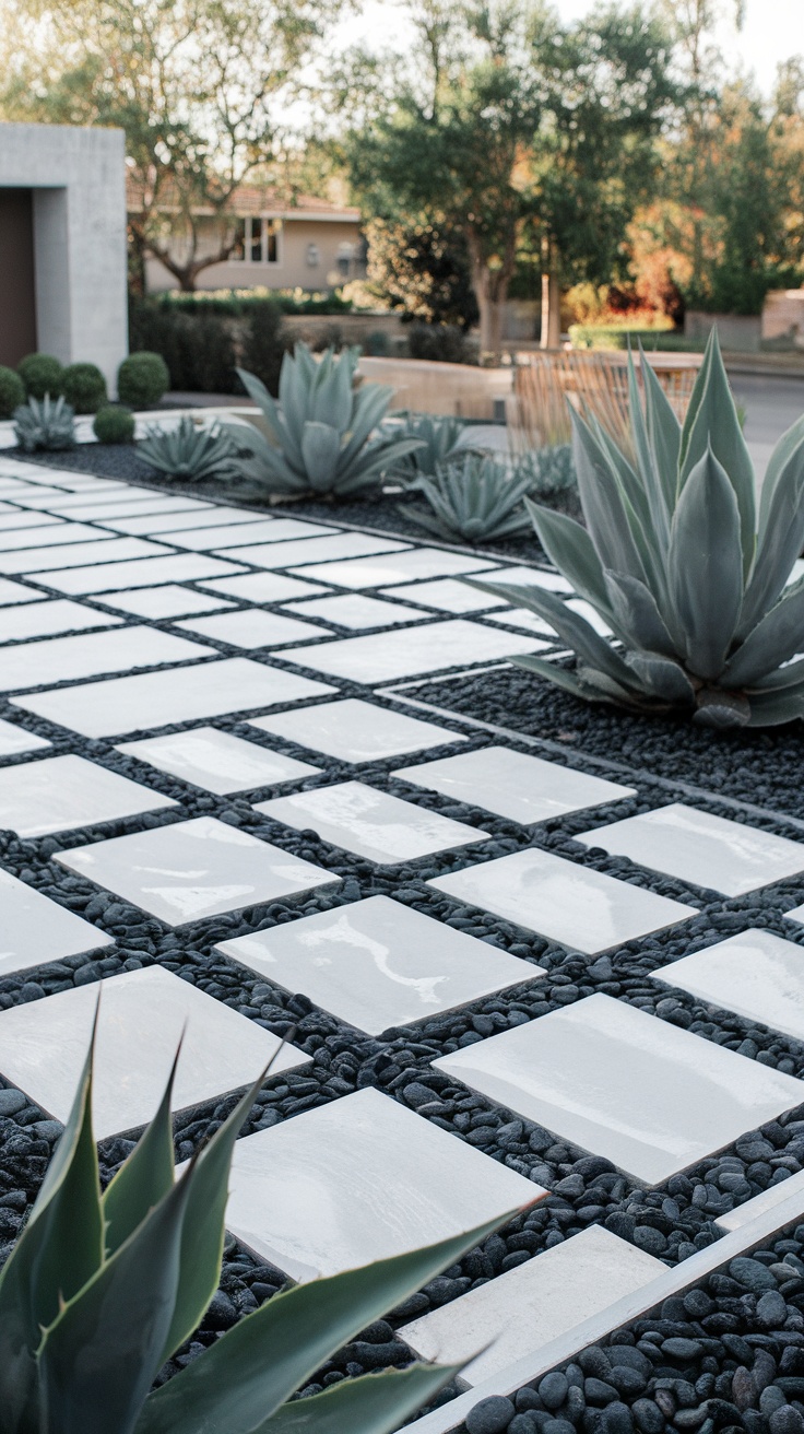 A minimalist garden featuring black pebbles, large white tiles, and agave plants.