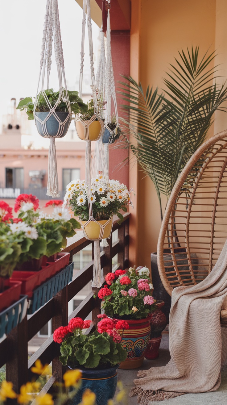 A cozy balcony garden featuring colorful flower pots, hanging planters, and a comfortable chair.