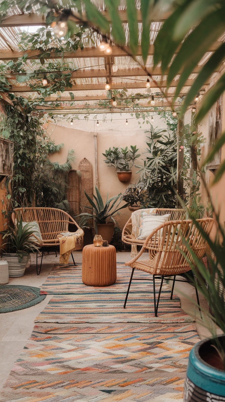 Chic outdoor patio with rattan chairs, colorful rugs, and greenery.