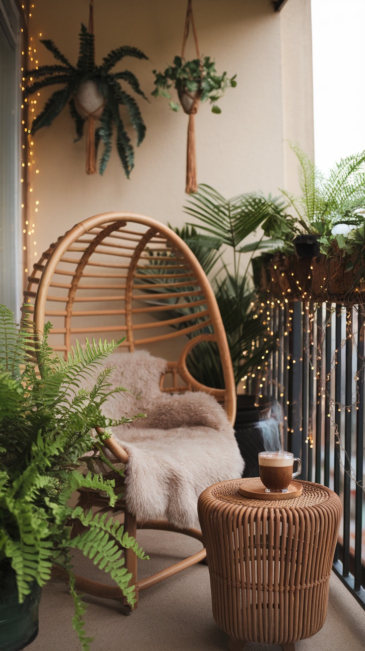 Cozy boho balcony garden with ferns and a comfortable chair