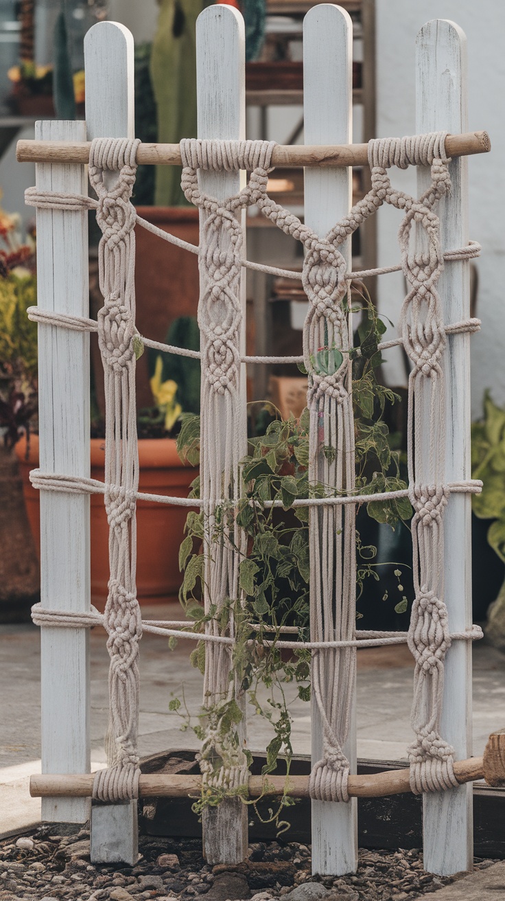 A white wooden trellis featuring intricate macramé knots made from rope, with green plants growing through the design.