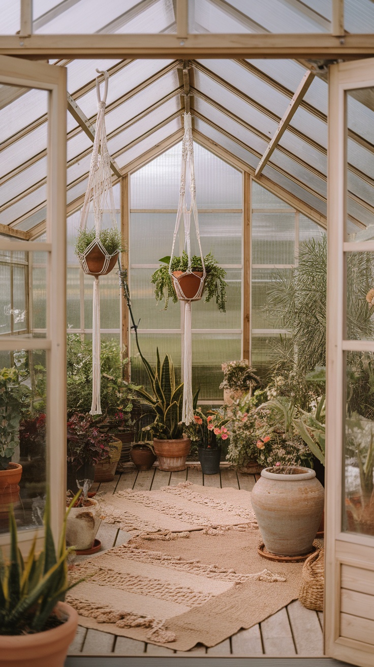 A cozy greenhouse nook featuring hanging plants, colorful pots, and a warm rug.