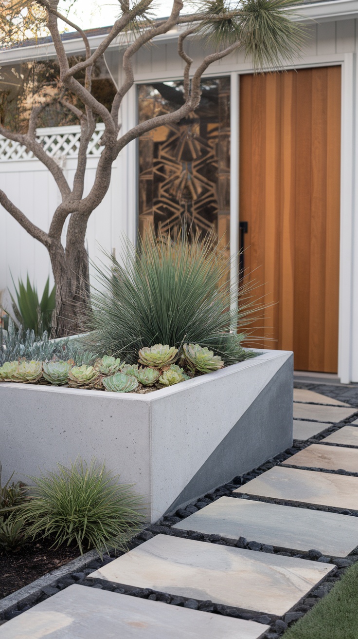 Mid-century modern front yard with a concrete planter, succulents, and a warm wooden door.