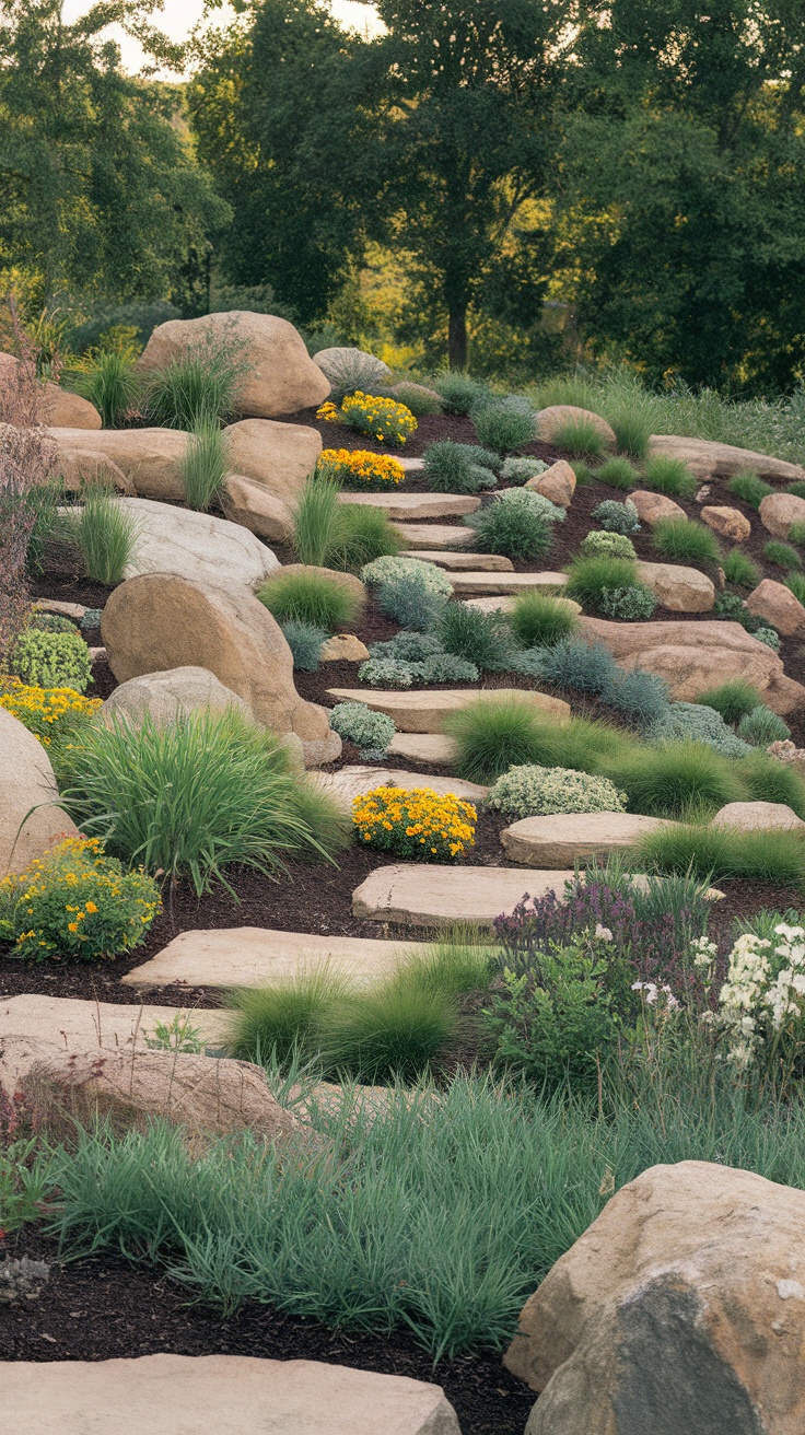 A landscaped hill with arranged boulders, colorful flowers, and stepping stones leading through the greenery.