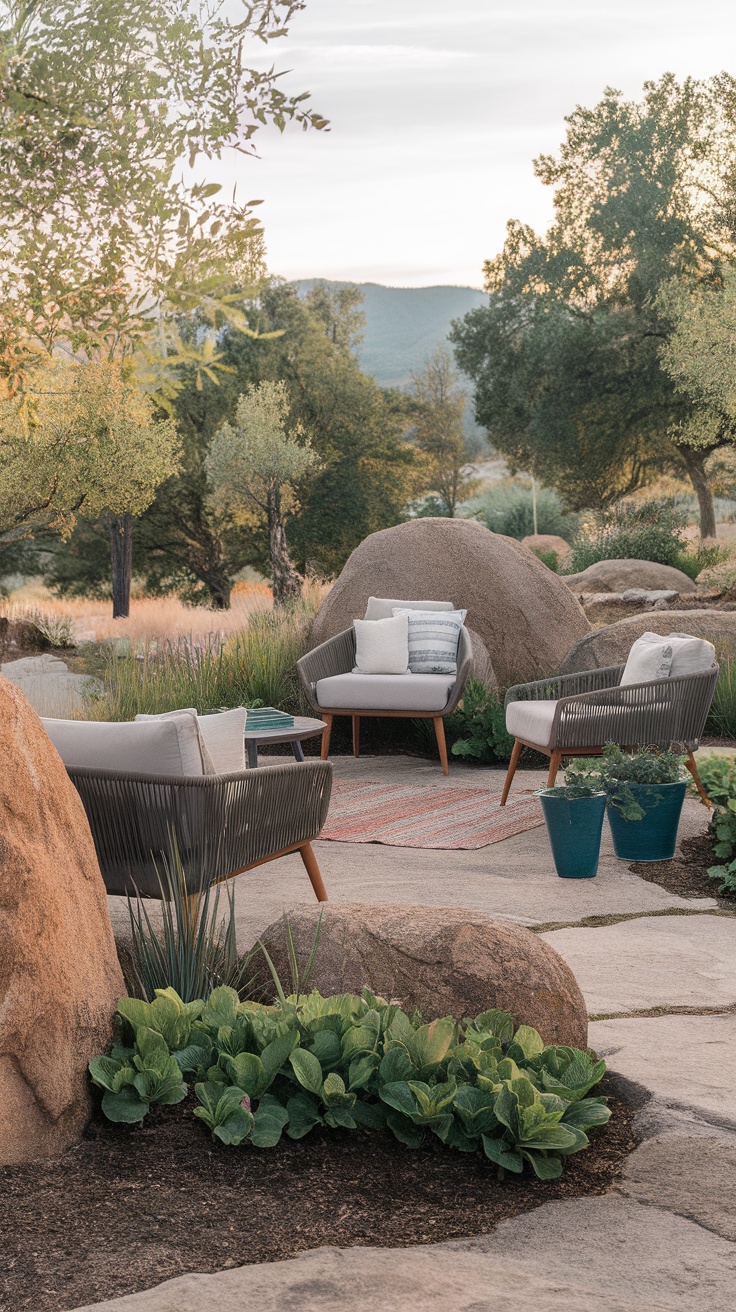 Outdoor living space with modern furniture surrounded by large boulders and greenery.