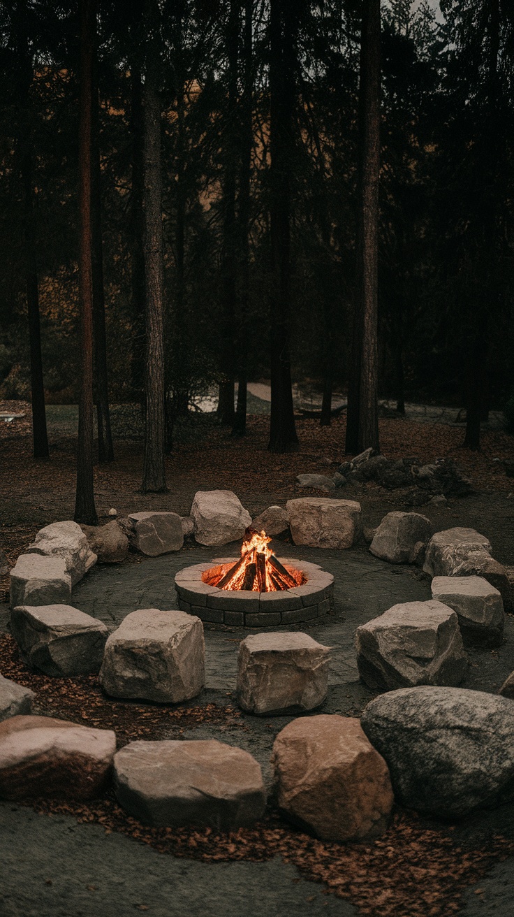 A backyard fire pit made of boulders, surrounded by trees.