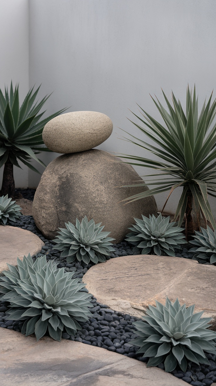 A modern minimalist landscape featuring boulders and succulent plants.