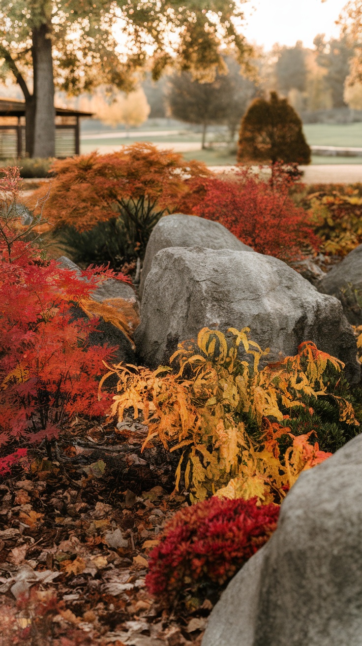 A garden scene with boulders surrounded by colorful autumn foliage.