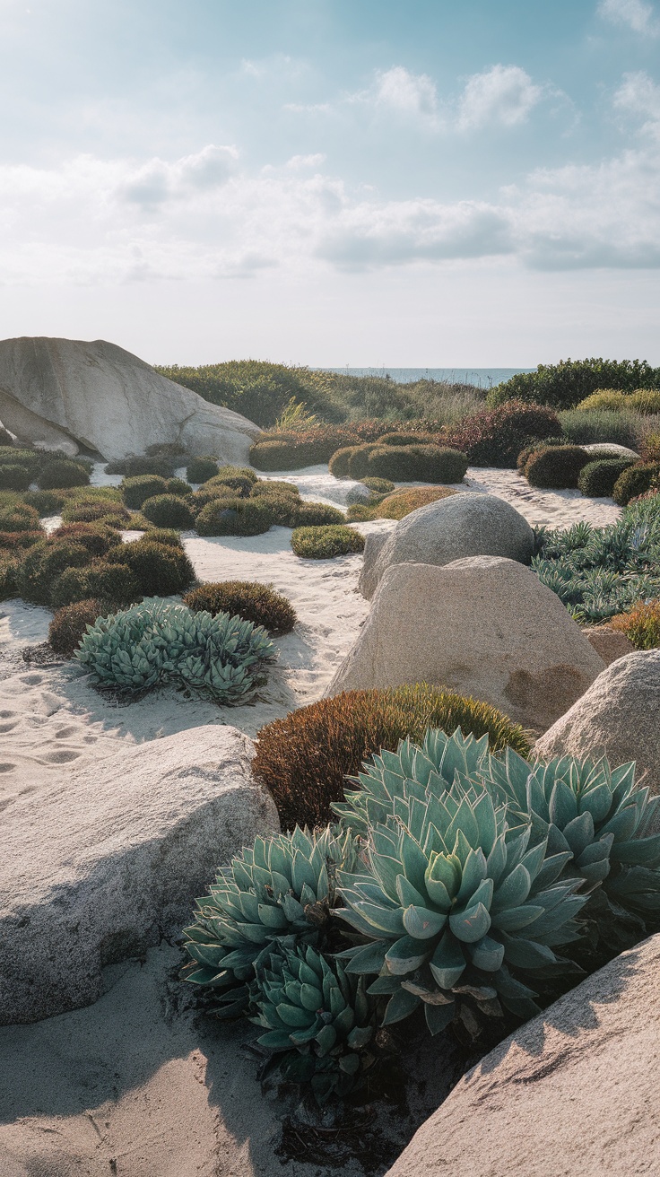 Coastal landscape with boulders and succulents